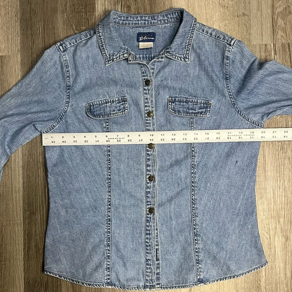 Vintage Express Bleus Blue Denim Distressed Button Long Sleeve Shirt Jacket LG - Picture 8 of 9